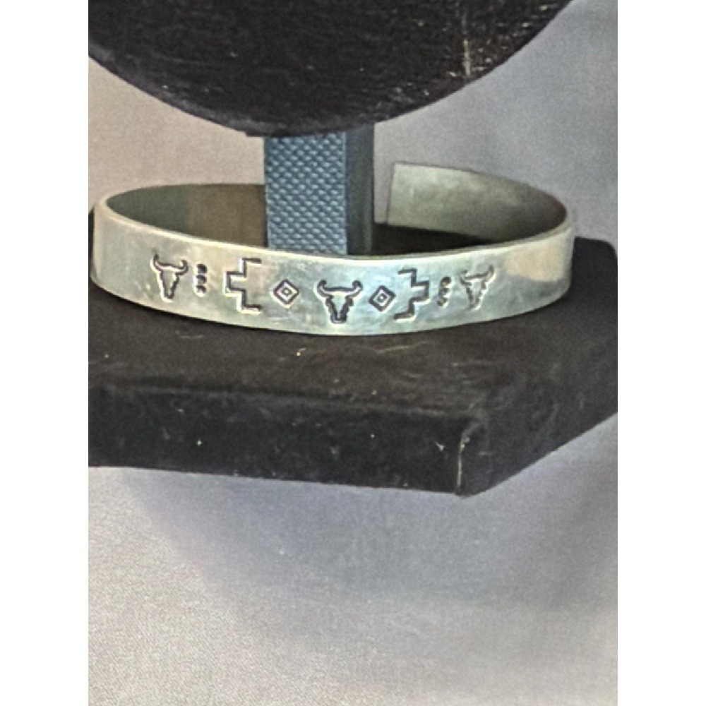 Vintage Southwestern Stamped Bull Skull Silver Tone Metal Cuff Bracelet Western